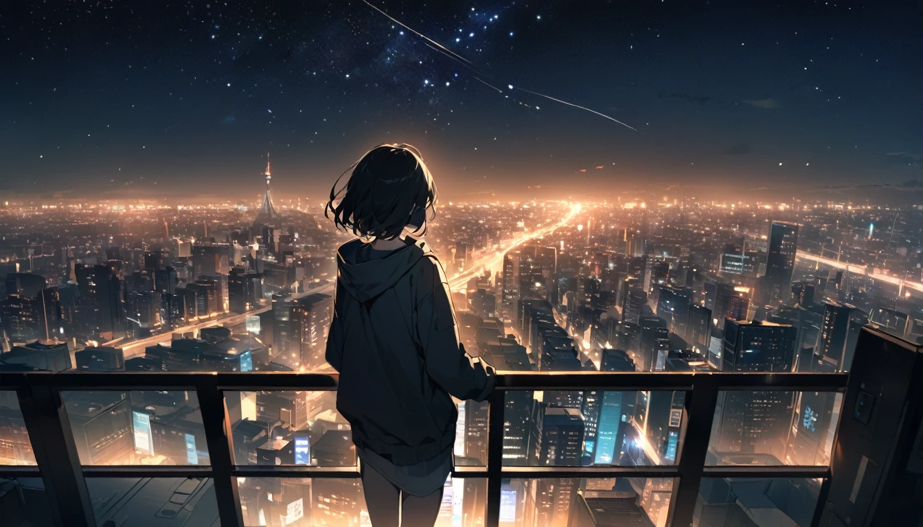 Starry Sky、Night view、City、One woman、Black Hair、Short Hair、Hair blowing in the wind、Wearing a hoodie、back、Full body portrait、Overlooking the city from the balcony