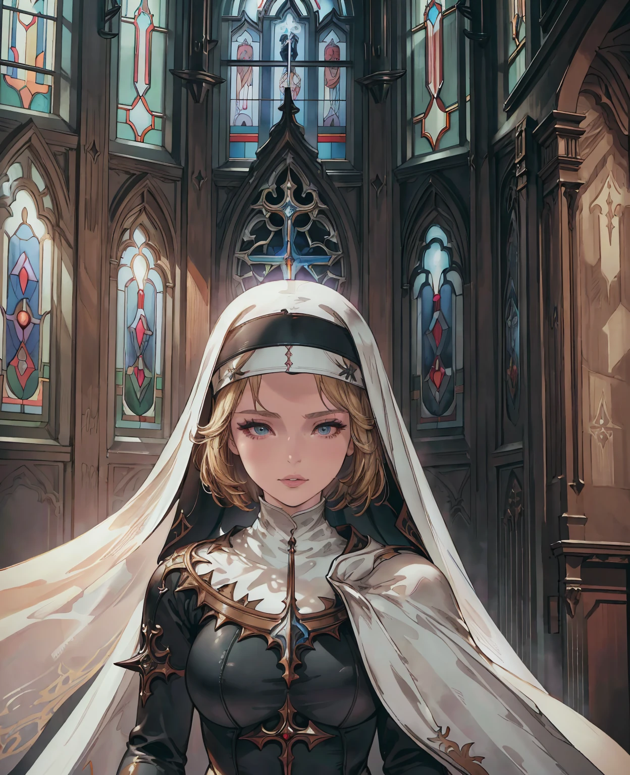 (Ella freya as nun,1girl,beautiful detailed eyes,beautiful detailed lips,extremely detailed face and eyes,longeyelashes,nun outfit,church interior,ornate cathedral,stained glass windows,sunlight shining through windows,dramatic lighting,cinematic,highly detailed,sharp focus,photorealistic,extremely detailed,8k,realistic,masterpiece)