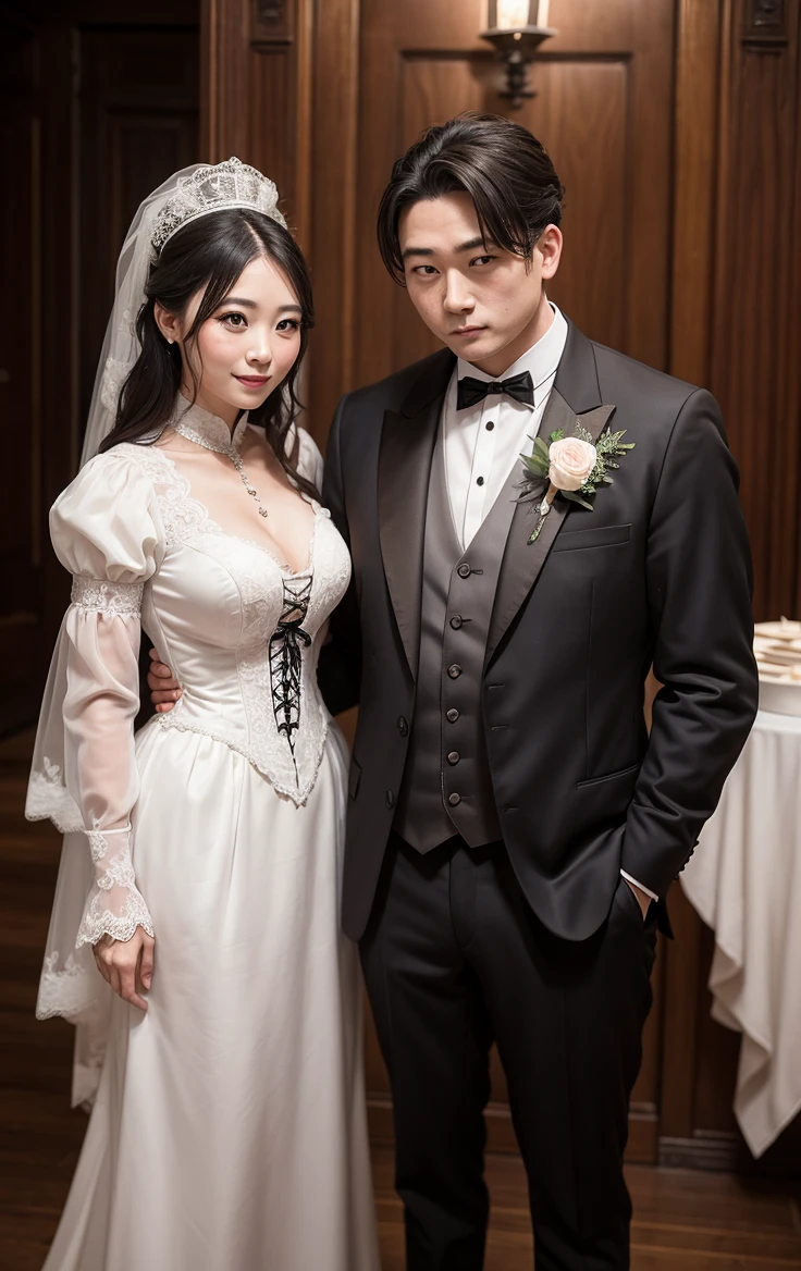 Victorian themed wedding, which the wife and the husband wear together from that time. The wife is 1,50 centimeters and the husband 1,99 centimeters long. They are both Asian 