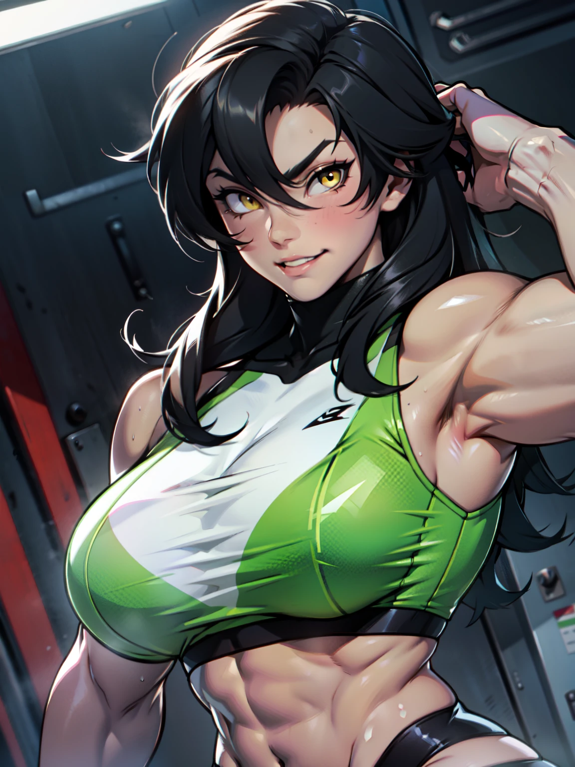 joyful gleaming eyes black hair yellow eyes pale skin sharp focus muscular girl massive breasts muscular girl solo