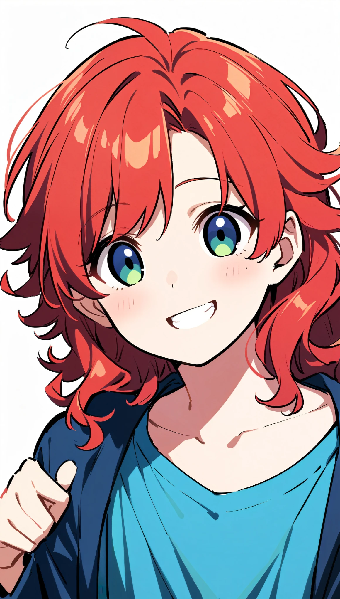 A Canadian teenager with curly red hair smiling. Gray open sweatshirt and blue t-shirt