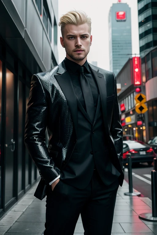 German man, dull appearance, executive cyberpunk style outfit, blond, above all
