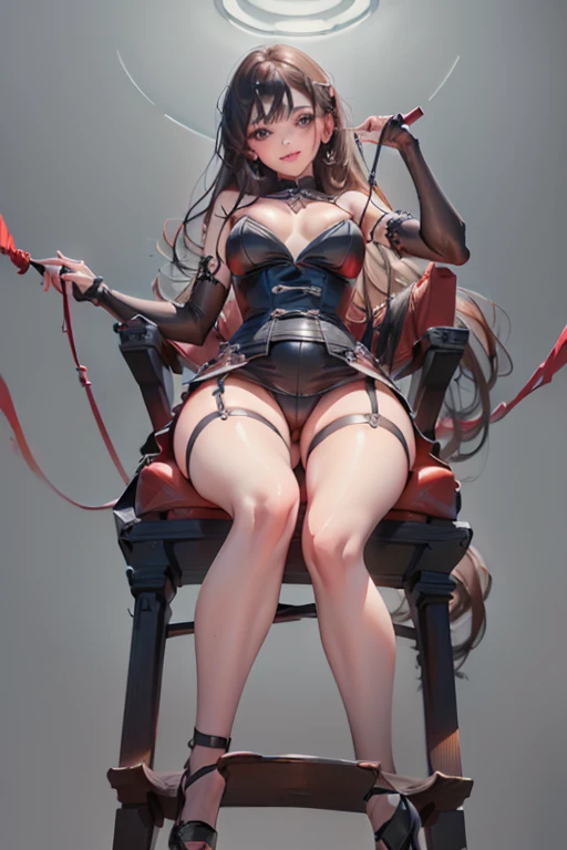(((Highest quality)), ((masterpiece)), (detailed), prison, One girl, bare shoulders, femdom, dominatrix, black bustier, black stockings, black g-string, black high heels, black garter belt, black elbow gloves, ass pov, ((((from below)))), looking at viewer, evil grin, ((whip)), wielding a whip at viewer, ((chair)), ((female sitting in a chair)),