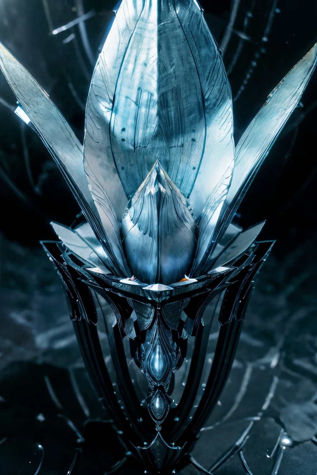detailed metallic blue,ultra detailed,full body,photography of geometrical abstract,beautiful white lily with moon,photorealistic,professional,masterpiece,studio lighting,8k,sharp focus,physically-based rendering,extreme detail description,vivid colors,dramatic lighting,cinematic,elegant,ethereal,mystical,serene,calming,surreal