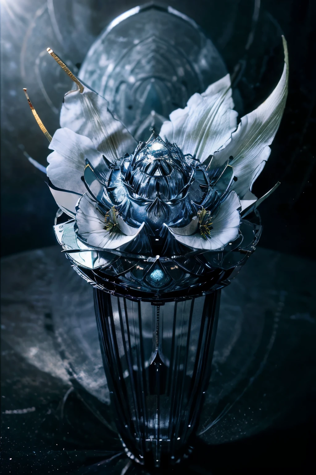 detailed metallic blue,ultra detailed,full body,photography of geometrical abstract,beautiful white lily with moon,photorealistic,professional,masterpiece,studio lighting,8k,sharp focus,physically-based rendering,extreme detail description,vivid colors,dramatic lighting,cinematic,elegant,ethereal,mystical,serene,calming,surreal