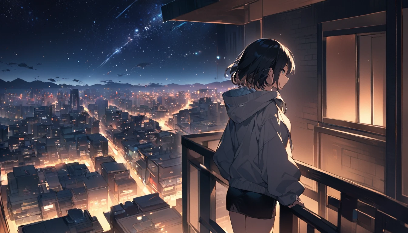 Starry Sky、Night view、City、One woman、Black Hair、Short Hair、Hair blowing in the wind、Wearing a hoodie、back、Full body portrait、Overlooking the city from the balcony