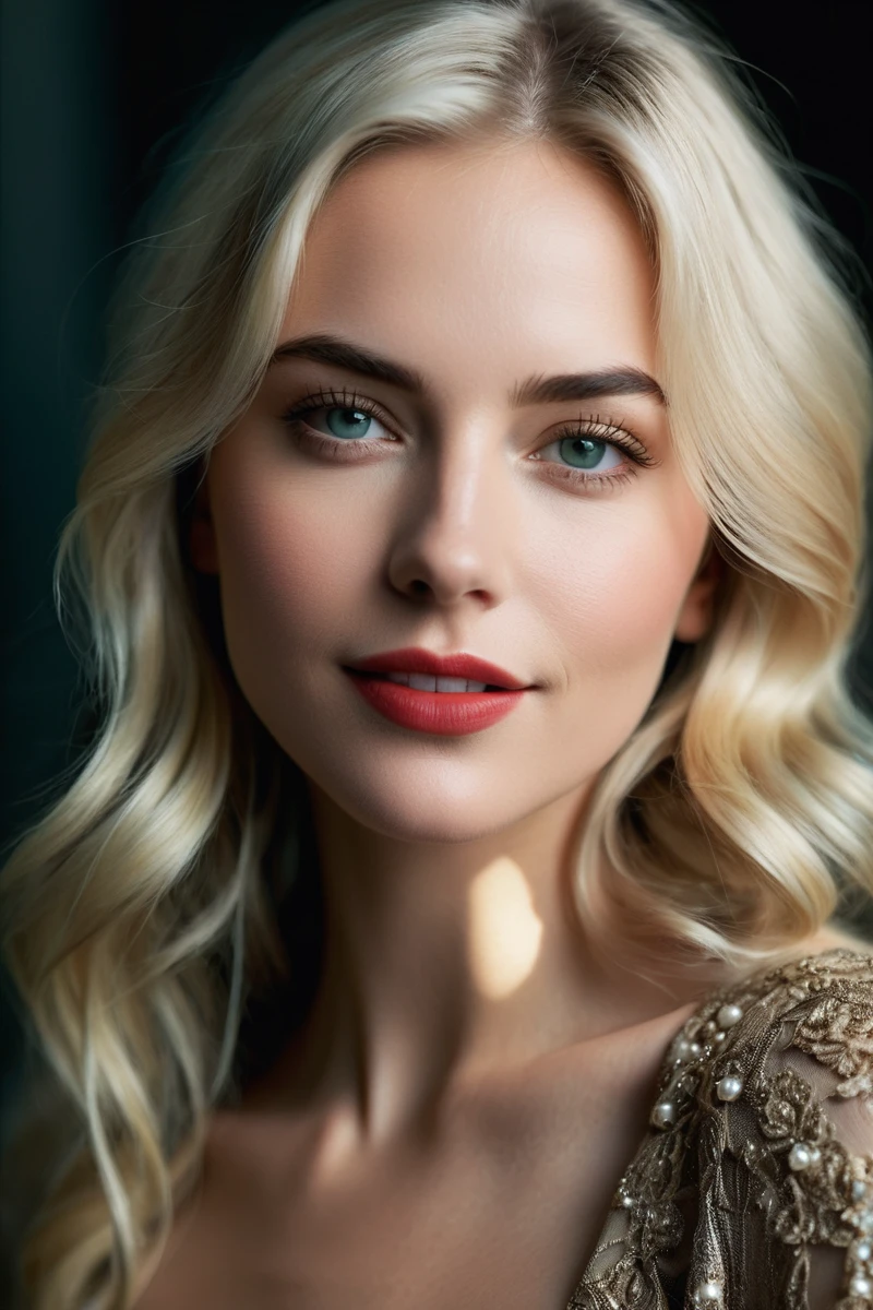 Create a realistic photo of a beautiful 34-year-old European woman facing the camera. She has a noticeable and magnetic presence. Her eyes should be a captivating dark deep green, with a strong jawline. Her lips should be sensual, with a natural, subtle pout that adds to her allure. .Eyes should have a captivating sparkle, with a hint of mystery and allure. Her eyebrows are finely arched. Her hair is long, strong white-white blond with a pearly sheen, and extra long wavy. The portrait should capture a detailed face, with finely detailed skin and a pale complexion. She has a light, amused smile with hair slightly over her eyes.
Closeup portrait with surreal and amazing quality, a masterpiece with the best quality. The composition should be cinematic, with soft shadows, atmospheric haze, film grain, and a shallow depth of field. The photo should have a moody, epic, and highly detailed feel, resembling a high-budget cinemascope still from the 2000s. The image should be photorealistic, candid, and color graded with cinematic and atmospheric lighting, showing imperfections and a natural look.