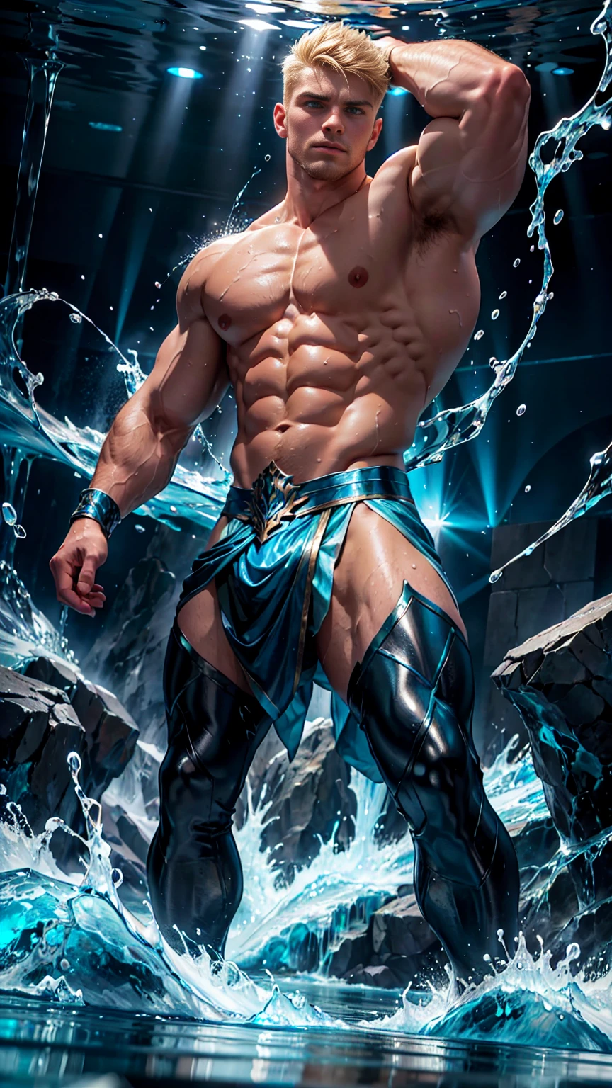 A strong, muscular man with blonde hair and intensely blue eyes, wearing blue and silver clothes. He is young and handsome, with an imposing, well-defined body. In combat, he uses water and ice magic, with waves and currents of water enveloping the entire scene, creating a refreshing and powerful atmosphere. He manipulates the water with elegant and precise gestures, his eyes glowing with a cold, icy blue intensity, showcasing his absolute control over the element. The background is a dynamic display of water, partially disturbed by his magic. The image is rendered in a photorealistic, hyper-realistic 8k style, with studio lighting. His combat pose is fluid and imposing, with the image being grand and cinematic, featuring vibrant colors, stunning HDR, and lighting that highlights the texture of the water and the sparkle of the ice.