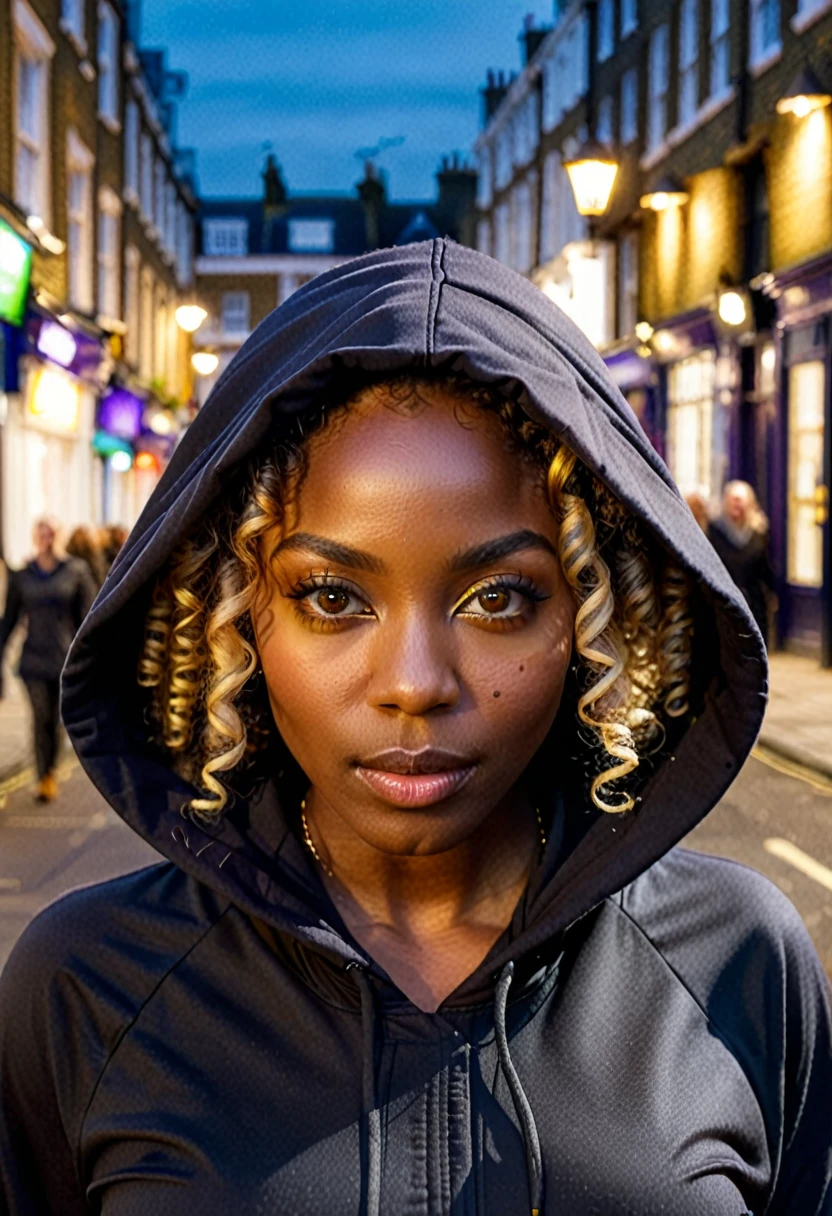score_9, score_8_up, score_7_up, cinematic photo, sharp focus, in action, motion blur, portrait of affrican woman, dark skin, glowing eyes, bright iris, lemon eyes, detailed face, hourglass body, loong curly hair, wearing oversize hood, looking over shoulder, black clothes, london street on background