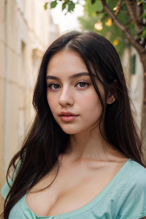 made a 20 year old European woman with long almost black hair, rosy cheeks with big lips and a thin nose. She has green blue almond shaped eyes. She is perfect and attractive.