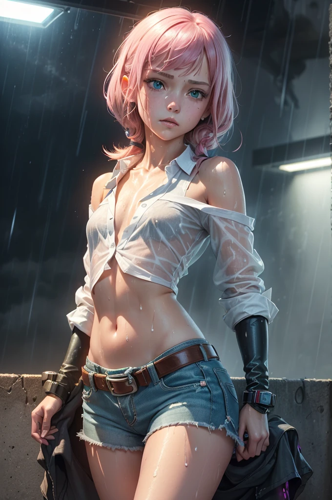 (masterpiece), (best quality), (high res), ((((Solo)))), (perfect anatomy), (young girl (), fair skin, pink hair (shoulder length), green eyes, (((cowgirl outfit))), (((white shirt))), jean skintight black mini shorts, happy, blusshing, (((flat chest))), in a futuristic setting with a green light, annoyed, cyberpunk, (drinking water), best anime 4k, cybersuits, in her school, ((during a storm))), (at night), (((wet))), ((rain)), (night), ((((alone))))