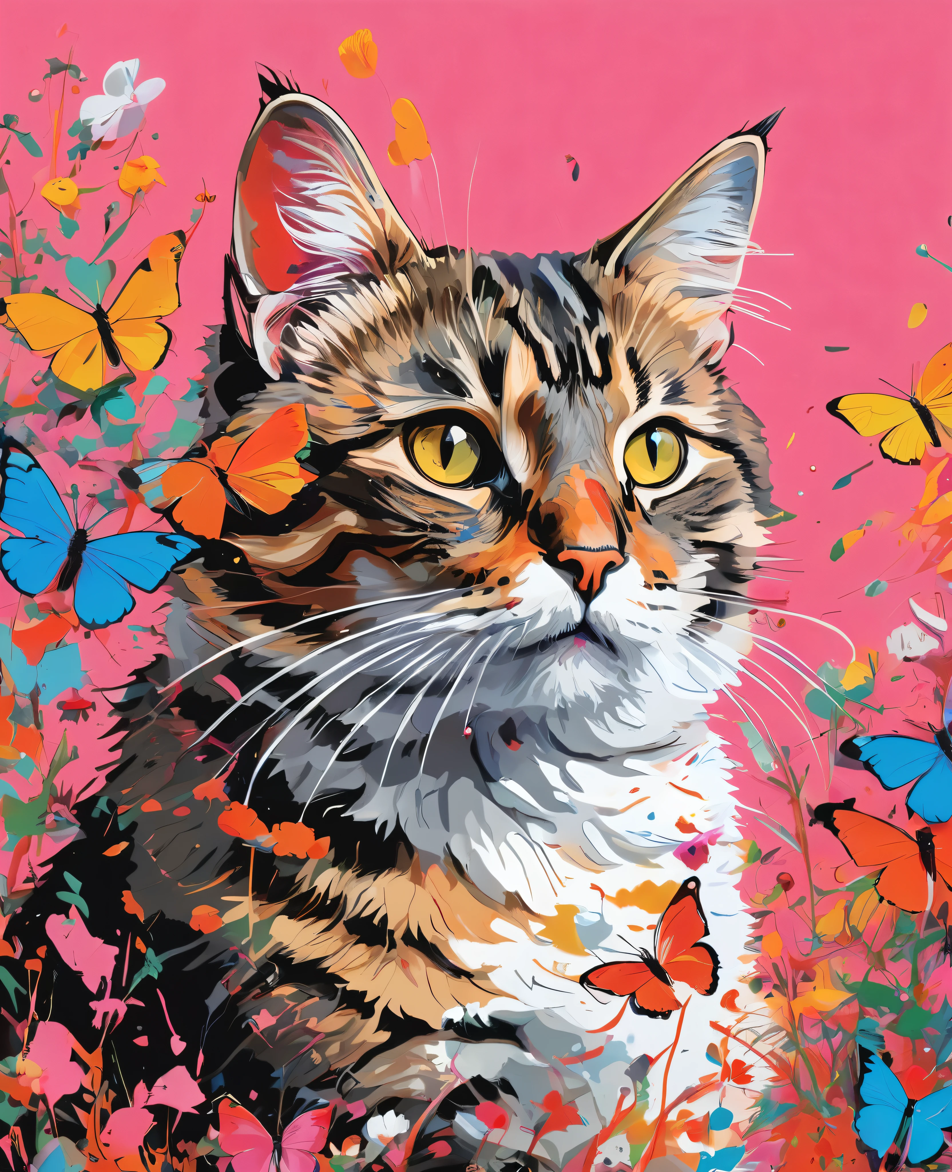 Graffiti, scribble, Comics by Petra Cortright, best quality, masterpiece, cat surrounded with butterflies artwork, Representative work, official art, Professional, Ultra intricate detailed, 8k, cat art, multicoloured background