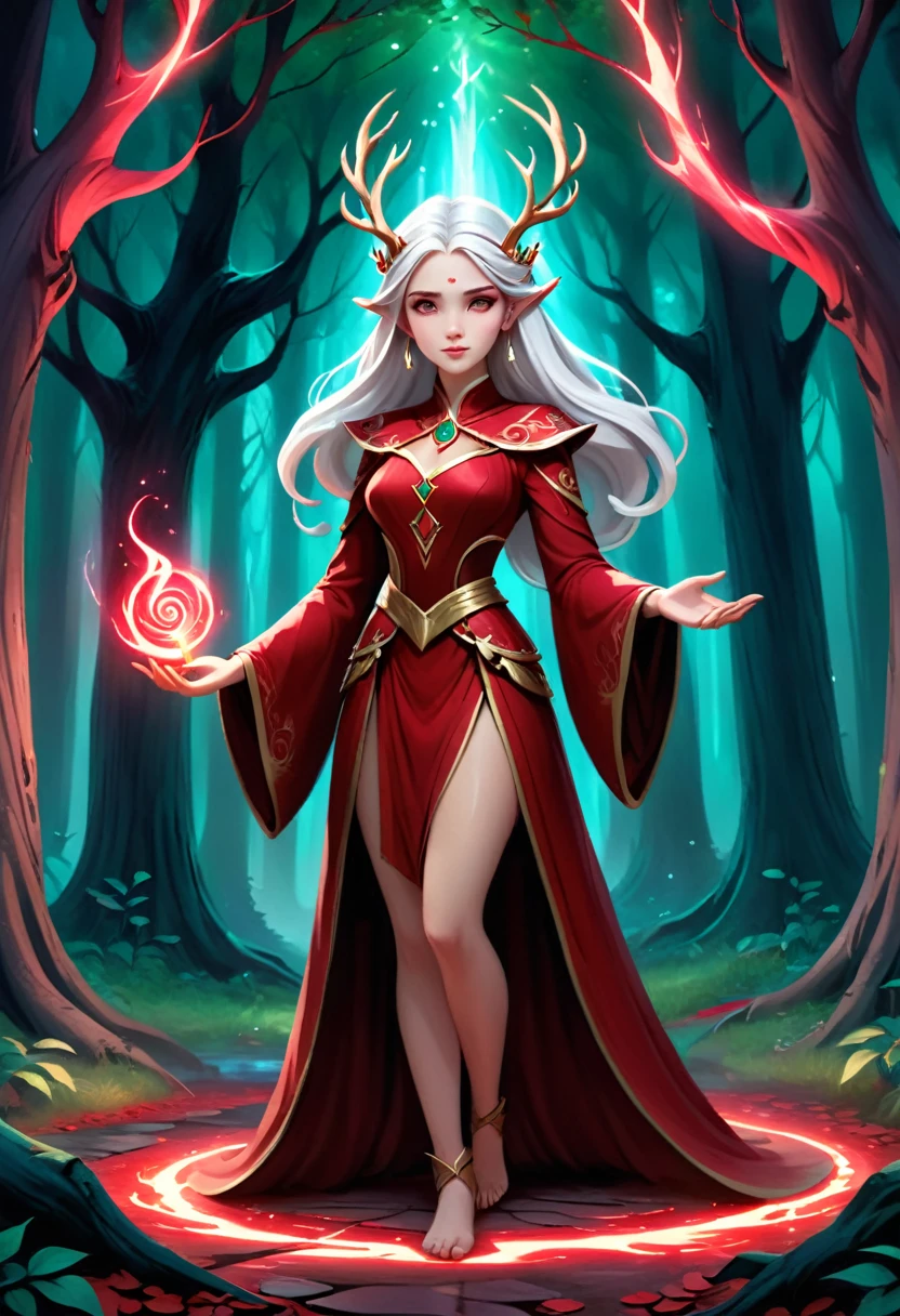 A powerful and ethereal forest queen standing majestically at the entrance of an ancient, enchanted grove in an autumnal forest, her entire figure fully visible. She has long, flowing white hair and antler-like projections on her head, adorned with delicate, glowing runes. Her face and hands are rendered with realistic detail, free of defects. Her attire is a regal, flowing red robe with intricate golden trim and ornate patterns, highlighting her majesty and mystical nature. The robe has multiple elongated, tail-like extensions that emanate outward, adding to her mystical aura. She wears a crown made of intertwined vines and glowing crystals, emphasizing her connection with nature. Around her neck and wrists are elegant, glowing jewelry that pulsates with a soft red light. In her left hand, she holds a magical staff topped with a radiant ruby, and her right hand emanates a swirling red light that interacts with the surrounding environment, creating patterns of magical energy. The setting is an enchanted forest with towering gray trees, illuminated by a soft, magical light. The figure stands at the entrance of an ancient grove surrounded by fallen leaves and an enchanted mist that swirls around her feet. Her eyes glow with an intense red light, adding to her powerful and mysterious aura. The atmosphere is one of serene yet powerful beauty, blending the mystical elements of nature with the character’s ethereal presence. Full-body view, ensuring the character is completely visible from head to toe, with a focus on realistic and flawless depiction of her face and hands. Cinematic composition, trending on ArtStation.