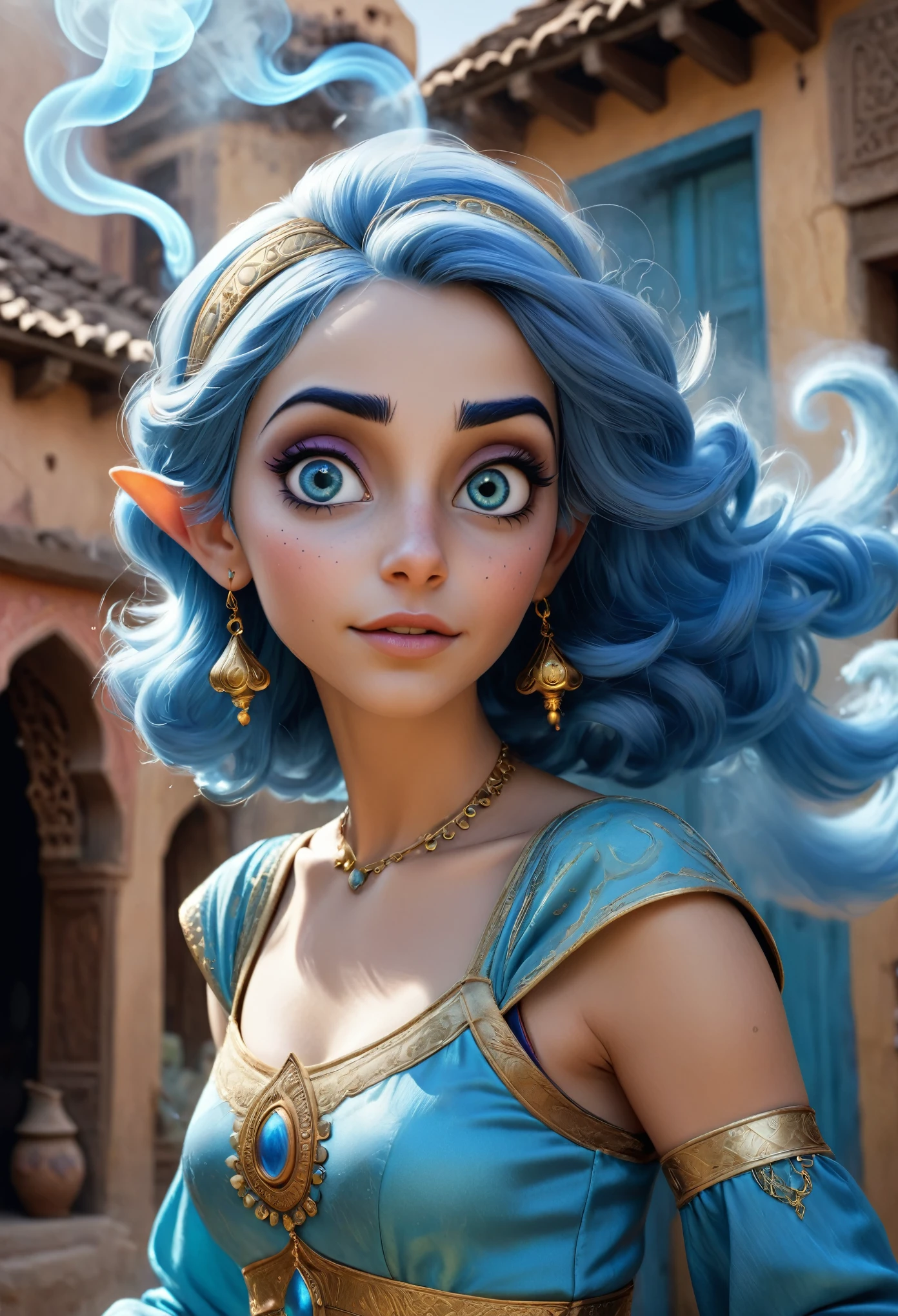 realistic, analog photo, Masterpiece, RAW photo, middle shot, photorealistic, (detailed cute face), genie, (folkloric Arabic creature), (in "Aladdin" style), (cute female), short blue hair, blue skin, detailed Arabic village on background, (ghost blue smoke body), smoke particles, halo, (bioluminescent:0.95), vivid colors, vibrant color details, dynamic, Intensed eyes, sexy, pleasure, smoke splash, wishmaster, depth of field, 35mm, film grain, raw photo, isometric, extremely detailed