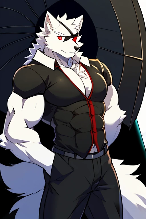 White Wolf, muscular, Red eyes, with an eye patch, white shirt with straps, Black pants, and a black umbrella 