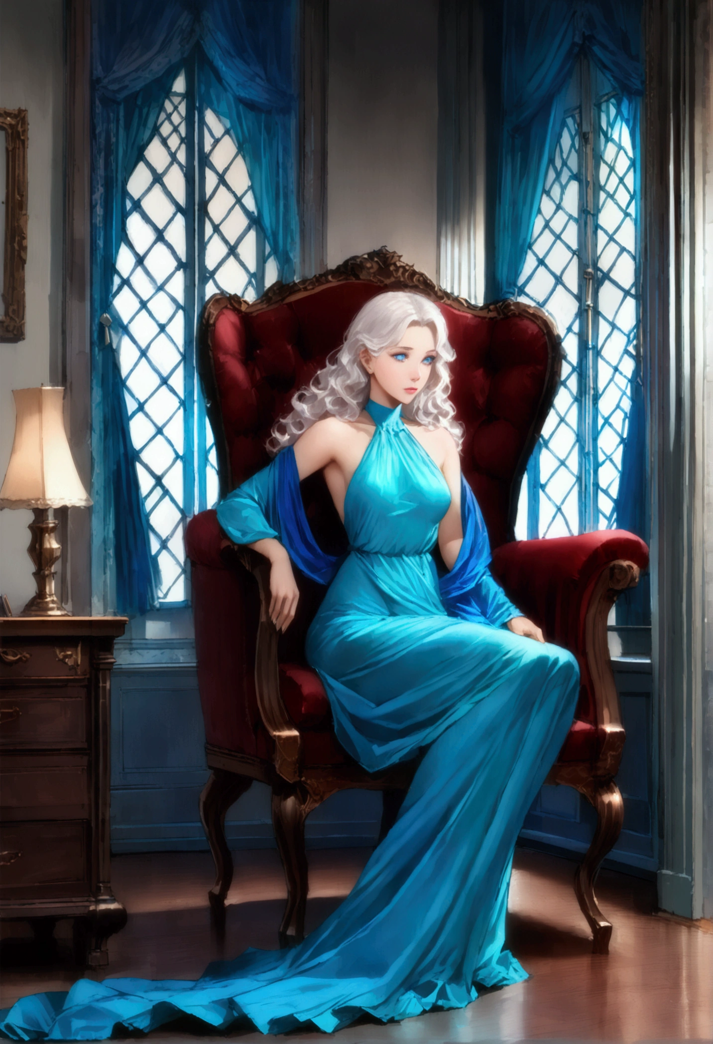 CRU, beautfull woman, (far away, White hair, Wavy hair, blue colored eyes), in the office, while sitting in an armchair, beautiful and graceful dress, dress that covers the entire body, dress without neckline, dress that covers the torso, dress that hides everything, rosto gentil, (whole body:1.3), (work of art) (perfect proportion)(photo realist)(best qualityer) (detailded) (8k) (HDR) (wall-paper) (cinematic lighting) (sharp focus) (intrikate)