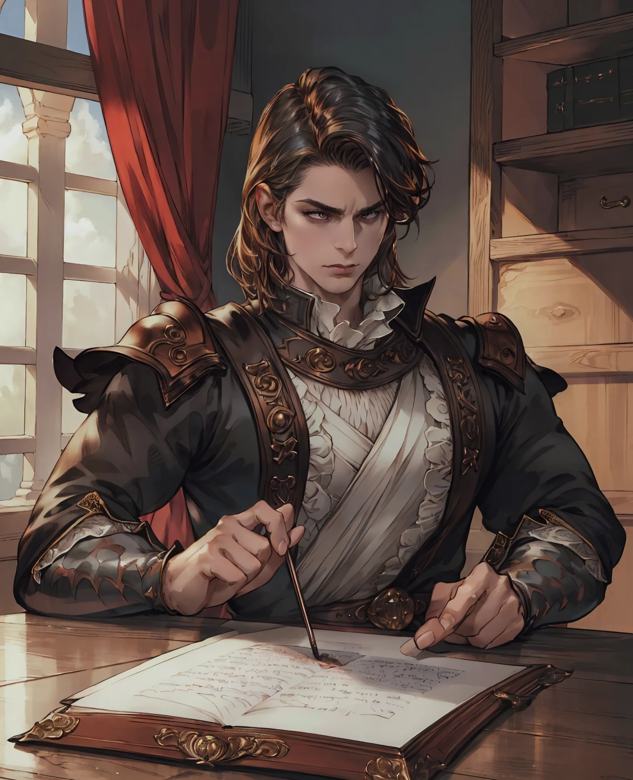 high quality portrait of a duke, elegant noble man, intricate details, cinematic lighting, dramatic pose, leather clothing, renaissance style, chiaroscuro, moody color palette, realistic, photorealistic, 8k, (best quality,4k,8k,highres,masterpiece:1.2),ultra-detailed,(realistic,photorealistic,photo-realistic:1.37)