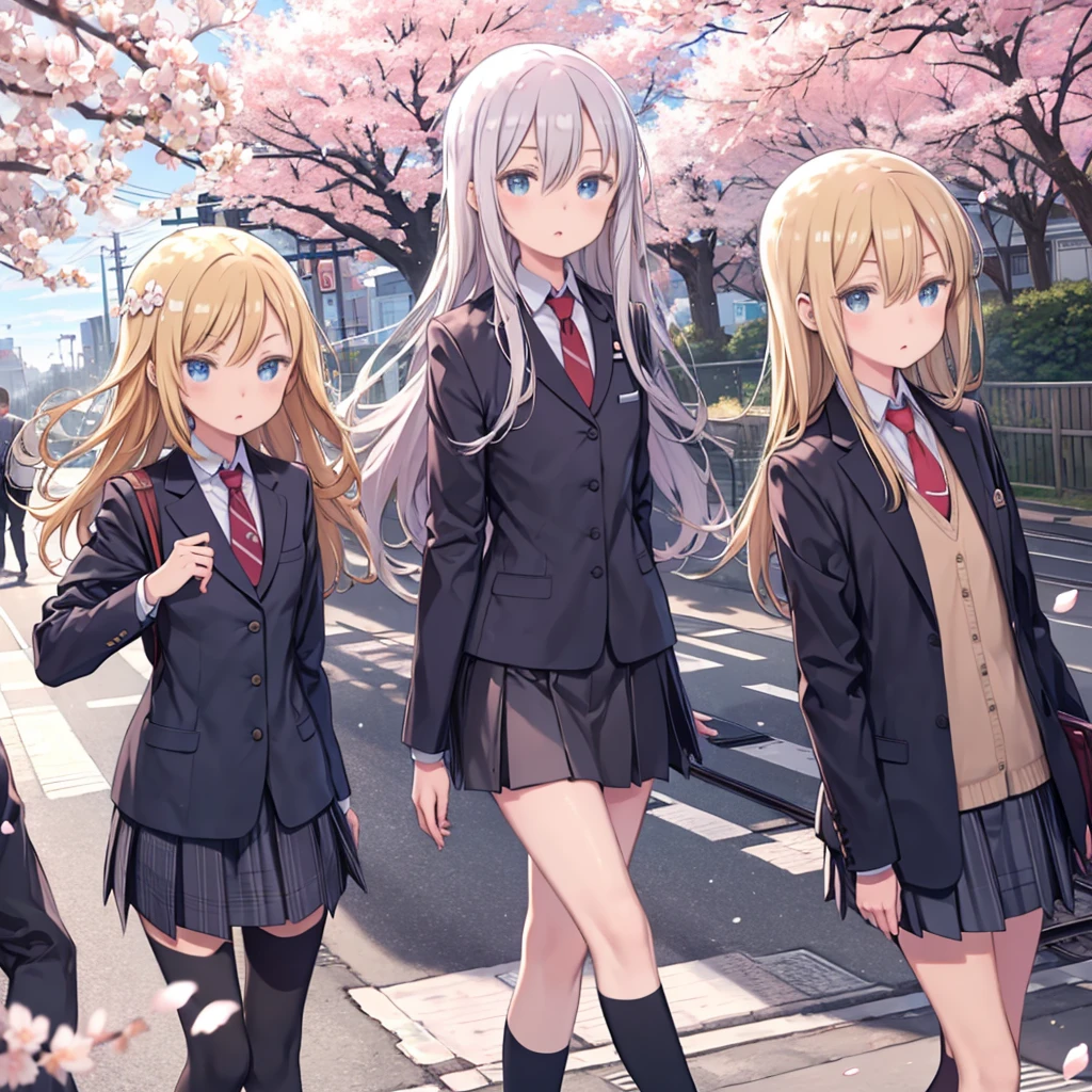 masterpiece、Highest quality、High resolution、Super Fine、leader,blue eyes,blonde hair,Long Hair,,blazer,Jacket,grey Jacket,open Jacket,Striped tie,(Red tie:1.2),Collared shirt,Blue Shirt,Long sleeve,Checked skirt,Grey Skirt,Black socks,loafers,CCWORI、blue eyes、blonde、Long Hair、Hair between the eyes、bangs、Reman、((evening、On the way home from school、In front of a railroad crossing lined with fantastic cherry blossom trees、Cherry blossom petals fluttering、Random Pause))