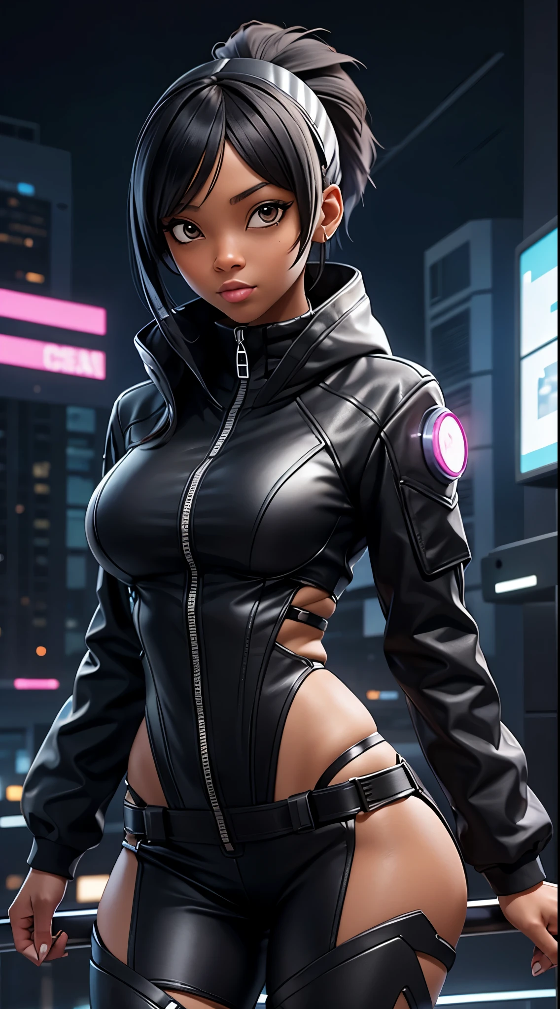 Cyberpunk,black yellow bodysuit,black afro*hairstyle) blue eyes,big blsck boots,cyberpunk face implants,,mechanical limbs,muscular,Gtscity,GtsGiga,leathers jacket,neon lights,purple tinted circle rimmed sunglasses, cyberpunk biker,best quailty,masterpiece ,dark skin,dark skinned female,solo
