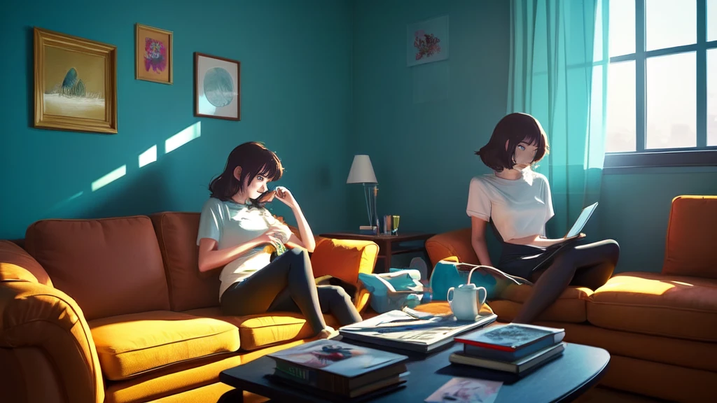A woman is sitting on a sofa in a room with a laptop, Makoto Shinkai Cyril Rolland, LOFI Girl, Lofi Art, Relaxing concept art, Inspired by Cyril Rolland, Lofi Artstyle, Cyril Rolland and Goro Fujita, Inspired by Atei Gailan, Atei Gailan Style, Dreamy illustration