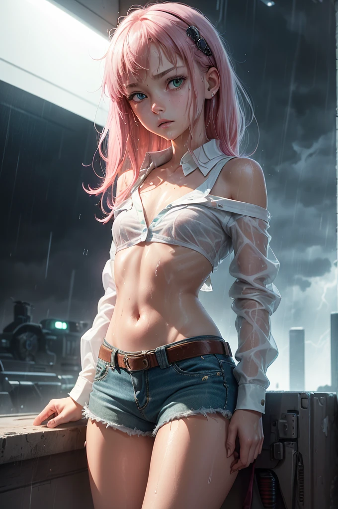 (masterpiece), (best quality), (high res), ((((Solo)))), (perfect anatomy), (young girl (), fair skin, pink hair (shoulder length), green eyes, (((cowgirl outfit))), (((white shirt))), jean skintight black mini shorts, happy, blusshing, (((flat chest))), in a futuristic setting with a green light, annoyed, cyberpunk, (drinking water), best anime 4k, cybersuits, in her school, ((during a storm))), (at night), (((wet))), ((rain)), (night), ((((alone)))), from behind