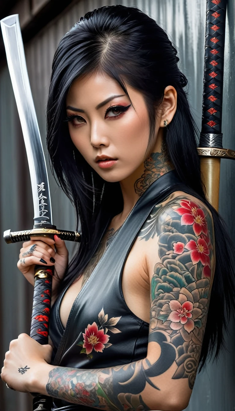 realisitic, 1 girl, beautiful japanese girl, yakuza tattoo on body, she holds the katana sword close to her face. shiny metal, gray metal details, fully body, sexly, linda, dangerous, armada. tattoo's. floral. japanese. long black hair. make-up. biker clothes.
