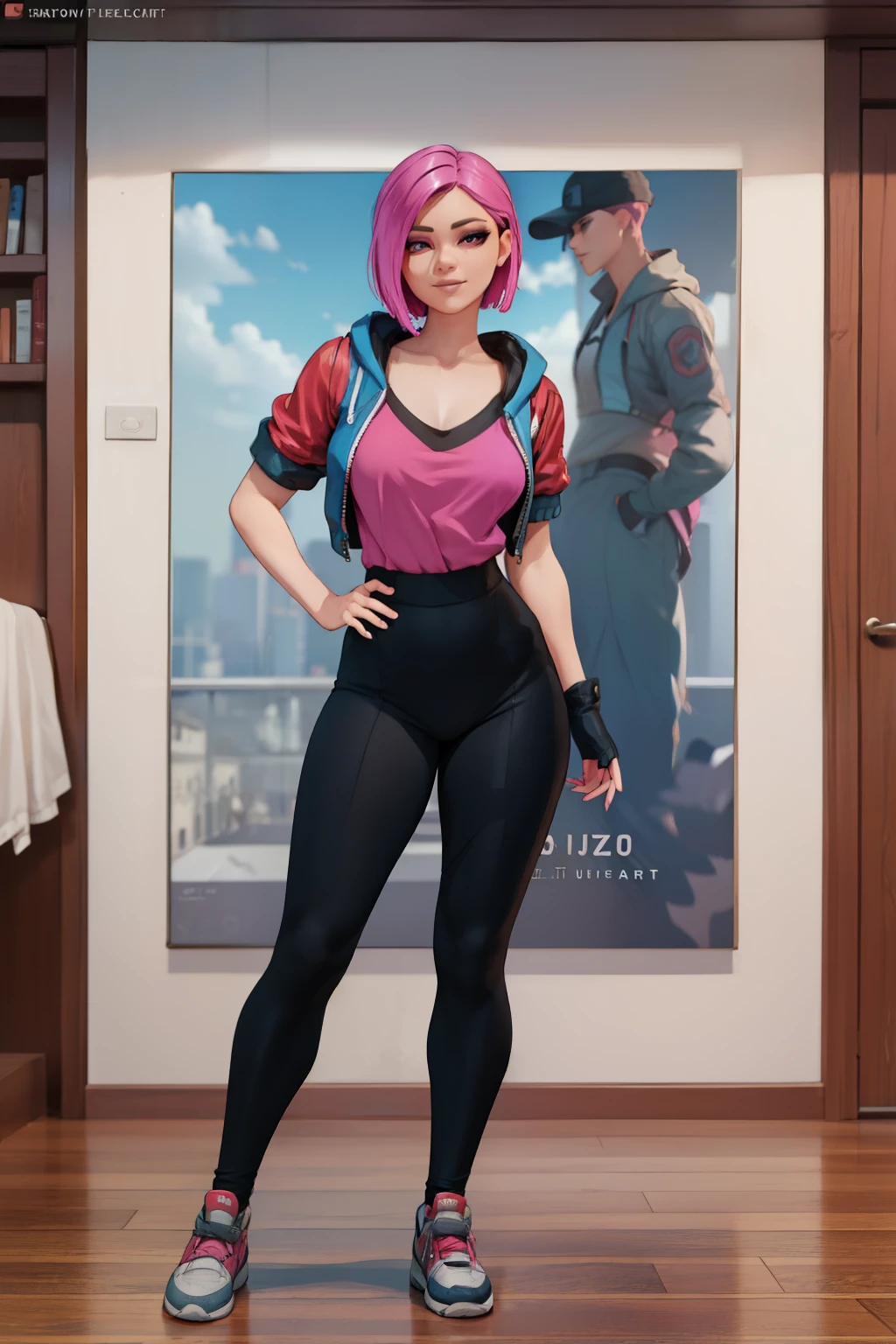 (work of art), (best qualityer), standing, (standing alone), looking ahead at viewer, highy detailed,extremely detaild, thin eyes, ssmile,dynamic pose, short pink hair,cape,loose black V-neck t-shirt, jaket,fingerless glove,curved,cups,(legging cinza),(portraite:1.2),