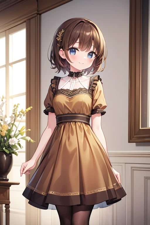 ((work of art,best qualityer)), 4K, high resolution, 1 girl, standing alone, ssmile, brown dress, (perfumer's outfit2:1.2),
