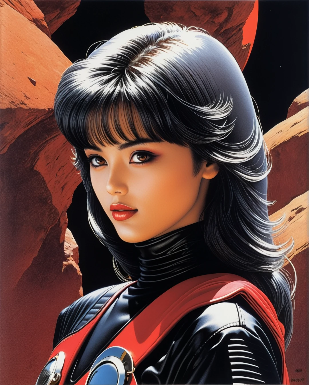 Art style by Hajime Sorayama, Art style by Hiroshi Nagai, (Masterpiece, Top Quality, Super Detail, High Resolution, Best Illustration), 1990s (style), 1980s (style), retro art style, Highest image quality, (Masterpiece, top quality, super detail, high resolution, best illustration), vintage, 1990s \(style\), dynamic angle, Saudi Arabian Bedouin, Duotone, Red and Black Only, in a distant rock, in the style ofrichard corben, brothershildebrandt, distinctive noses,space art, darkly detailed,mars ravelo, dark silver andcrimson