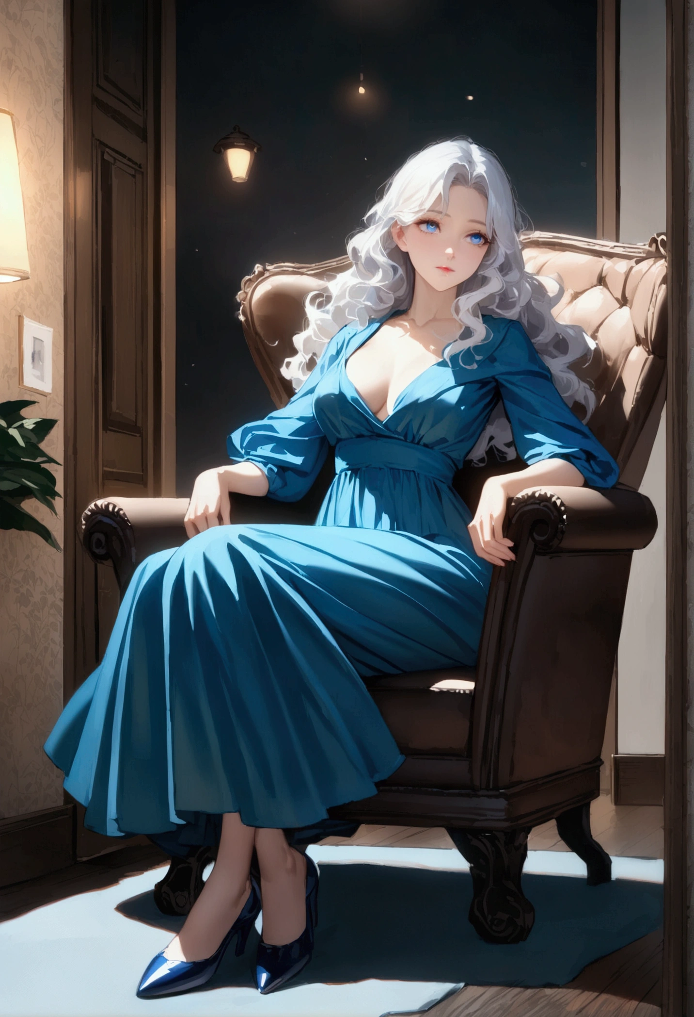 CRU, beautfull woman, (far away, White hair, Wavy hair, blue colored eyes), in the office, while sitting in an armchair, beautiful and graceful dress, rosto gentil, (whole body:1.3), (work of art) (perfect proportion)(photo realist)(best qualityer) (detailded) (8k) (HDR) (wall-paper) (cinematic lighting) (sharp focus) (intrikate)