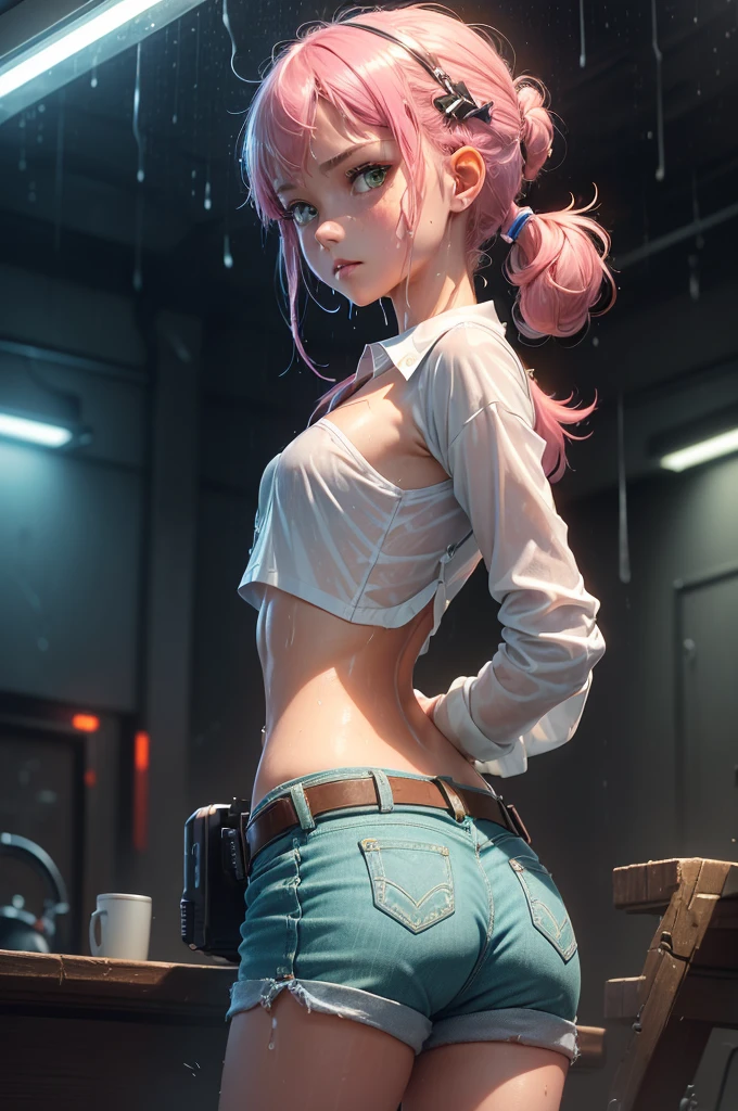 (masterpiece), (best quality), (high res), ((((Solo)))), (perfect anatomy), (young girl (10 years old), fair skin, pink hair (shoulder length), green eyes, (((cowgirl outfit))), (((white shirt))), jean skintight black mini shorts, happy, blusshing, (((flat chest))), in a futuristic setting with a green light, annoyed, cyberpunk, (drinking water), best anime 4k, cybersuits, in her school, ((during a storm))), (at night), (((wet))), ((rain)), (night), ((((alone)))), (((from behind)))