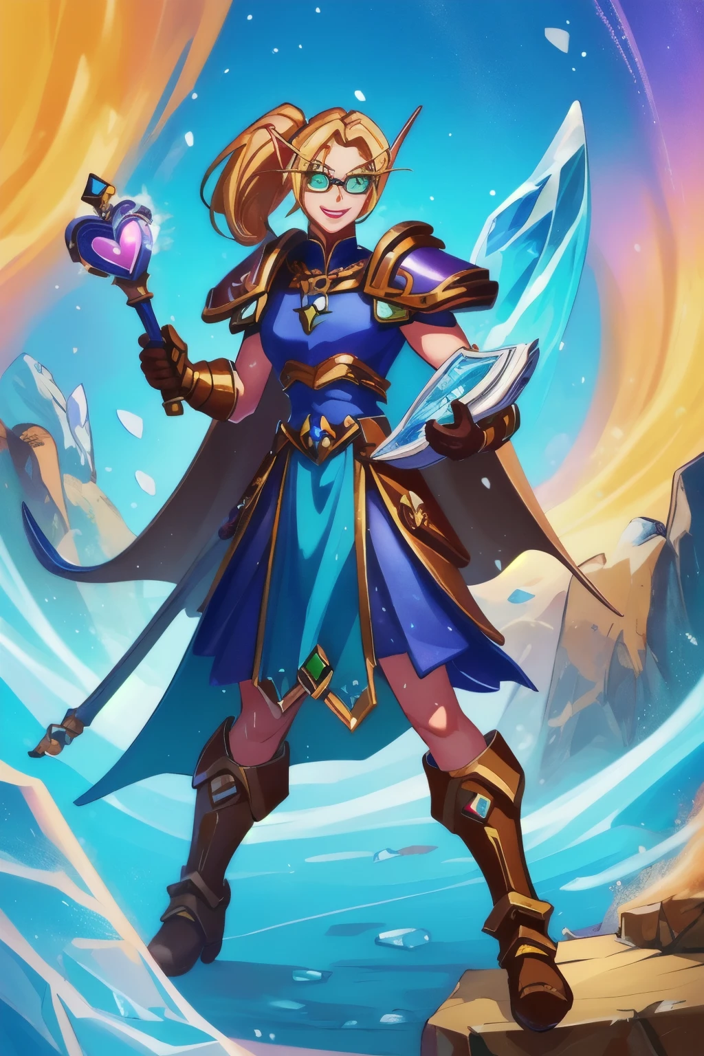 masterpiece, best quality, blood elf, 1girl, long hair, orange hair, green eyes, shoulder armor, brown gloves, looking at viewer, medieval background , long blonde hair in pony tail, puzzled face, sweat, glowing blue eyes, full body shot, attractive smile, (heart shape), perfect slim body, wearing a chain tabard, blue armored skirt, metal armored boots, circular glasses, visible arms, gauntlets with ice on them, carrying a large magical staff, holding a map in one hand.