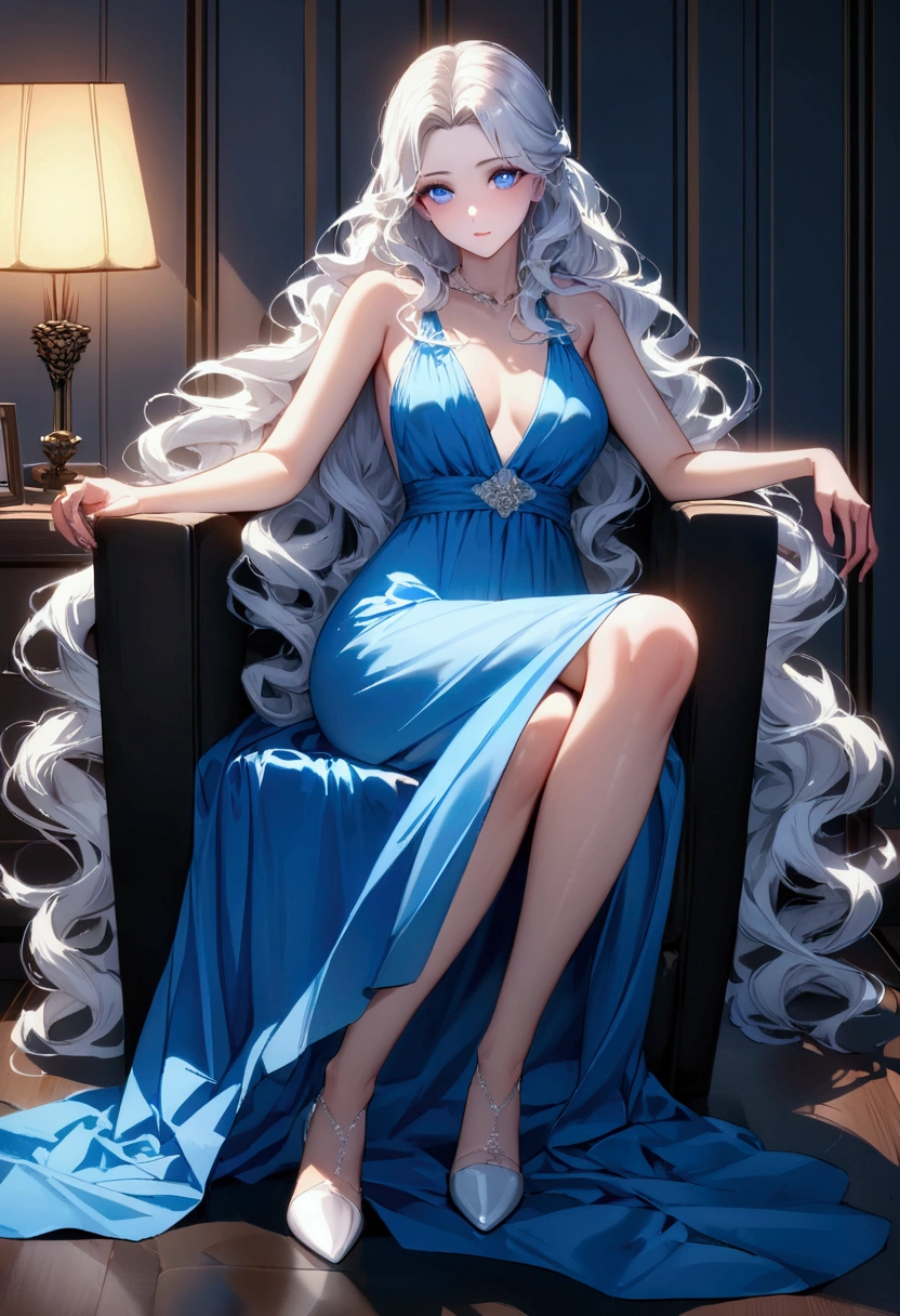 CRU, beautfull woman, (incredibly long hair, White hair, Wavy hair, blue colored eyes), in the office, while sitting in an armchair, beautiful and graceful dress, rosto gentil, (whole body:1.3), (work of art) (perfect proportion)(photo realist)(best qualityer) (detailded) (8k) (HDR) (wall-paper) (cinematic lighting) (sharp focus) (intrikate)