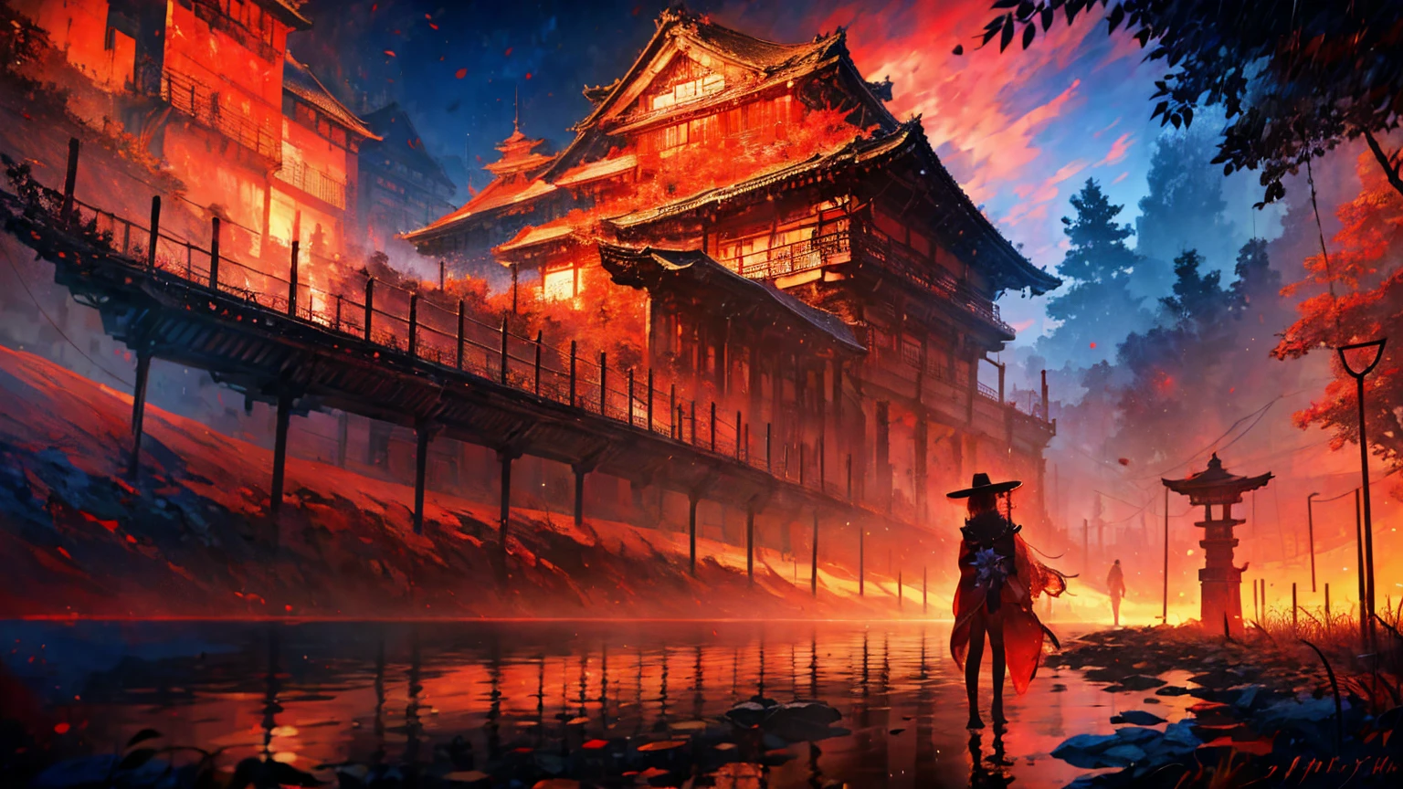 A world in crimson red, a girl dressed as a red geisha, very beautiful kimono, large scale murals, Multilayer dimensions, Red Sky, red japanese architecture, red gradient, anime wallpaper lovely red lantern girl, Ultra detailed face, kawaii, in the style of scenic environments, japanese style landscapes, dark red and bright red, Dark burgundy and light crimson, digital art techniques --ar 5 7 --niji 5 --beautiful style,