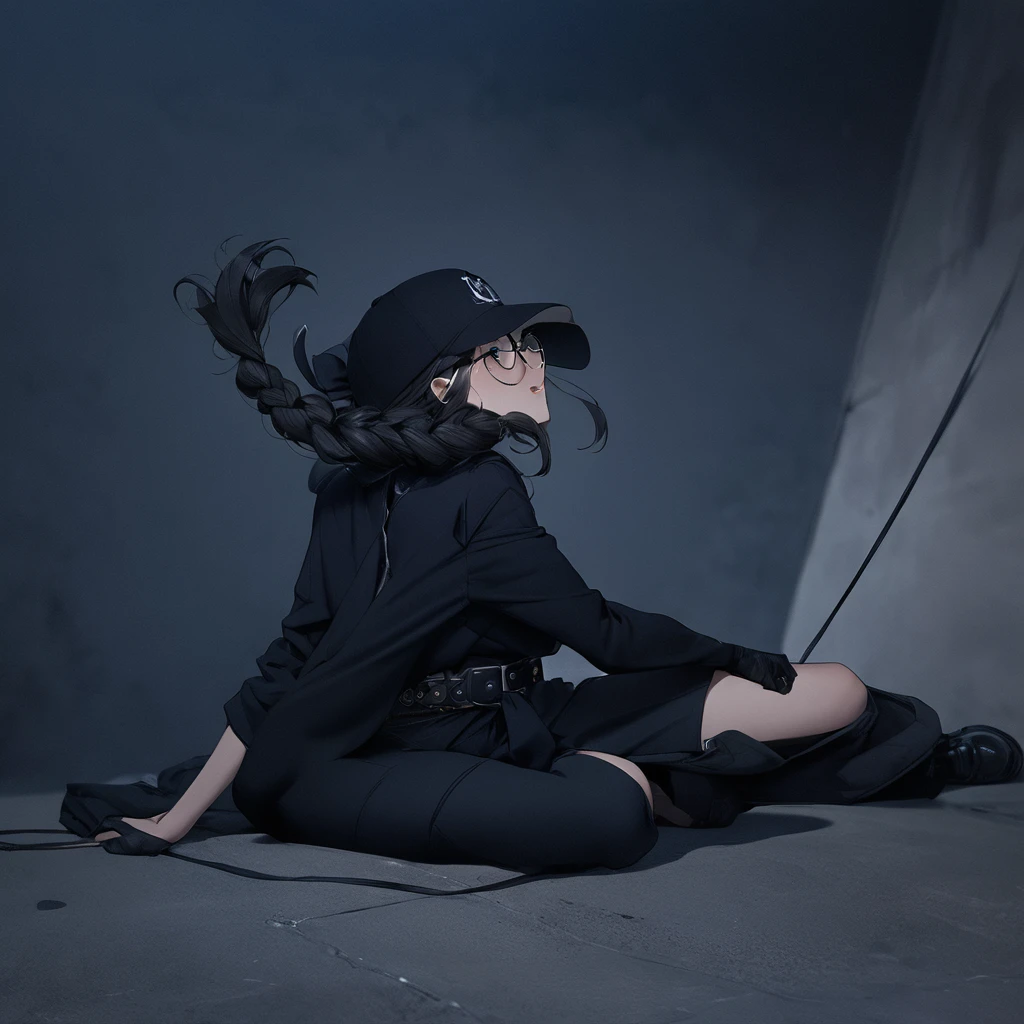 masterpiece, High quality CG, cheered up, illustration, Best Quality, 1 girl, tied, slavery, beautiful face, detailed face, cowboy shot, dokkaebi, 1 girl, Alone, looking at the viewer, black fur, braid, Glasses, black gloves, belt, pants, black eyes, twin braids, striped hair, black hats, mono, black pants, round glasses, black mono, cap, hair behind the ear,