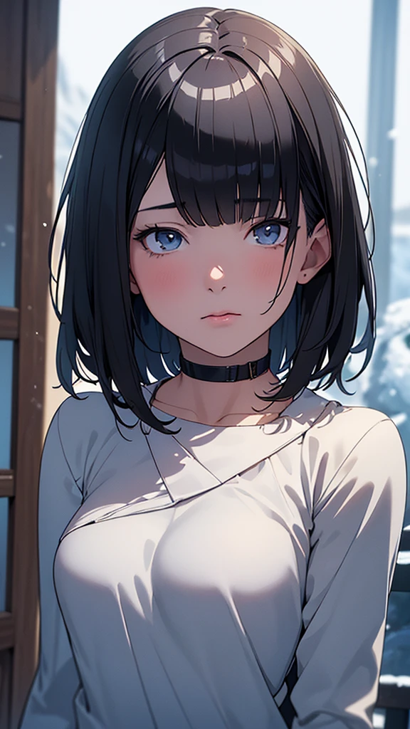 (masterpiece:1.3), (8k, Realistic, RAW Photos, Highest quality: 1.4), (1 anime girl), Beautiful Face, (Realistic Face), (Black Hair, short hair:1.3), Beautiful hairstyle, Realistic eyes, Beautiful attention to detail, (Realistic Skin), Beautiful Skin, (sweater), Absurd, Charm, Ultra-high resolution, Ultra-realistic, Very detailed, Golden Ratio，{{The Yuki-onna finds a dead girl in skiwear stranded on a snowy mountain, and peels off the face from the dead girl, transplants it, and takes her place.}}，NSFW