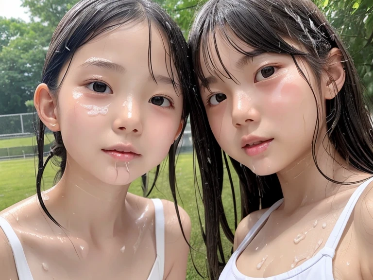 2 Girls、************、、slender、Detailed face、Detailed Hair、Clear skin、Looking at this、Whole body composition、Shot from below、Wet body、Chewing white、Eating white cream、white cream is dripping,publicpark