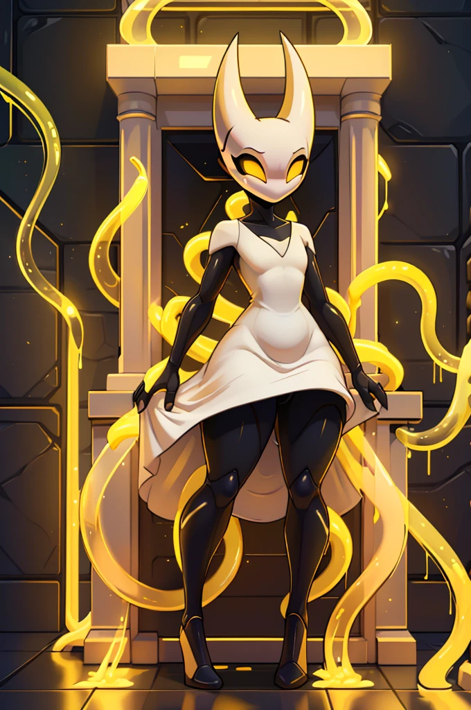 (masterpiece), ((perfect anatomy)), (high Res), (4k), hornet, ((insectoid)), ((segmented body)), ((insect body parts)), (((white head))), 3 fingers(index, middle and thumps), ((((yellow glowing eyes)))), flat chest, wide hips, black body, ((((white head)))), (((white full body skin tight royal dress)), (((solo))), narrow waist, ((cartoony artstyle)), ((mind controlled)), ((brainwashed)), (no emotions), standing inside a white throne room, (((gripped by yellow glowing tentacles)))