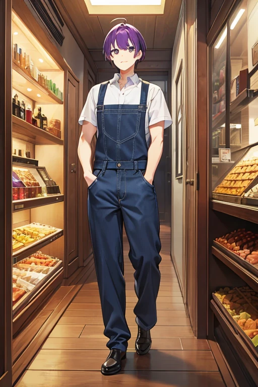 Tall Man, short purple hair, brown apron, Black sleeveless shirt, blue jeans, Zapatero, Mexican