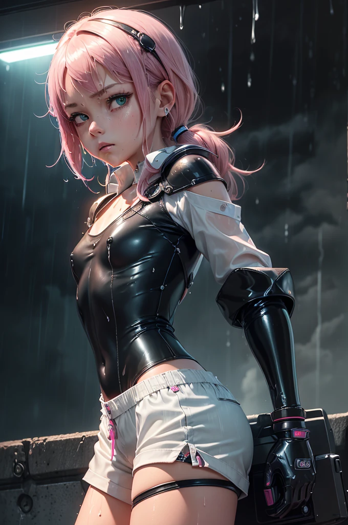 (masterpiece), (best quality), (high res), ((((Solo)))), (perfect anatomy), (young girl (), fair skin, pink hair (shoulder length), green eyes, (((cowgirl outfit))), (((white shirt))), ((latex skintight black mini shorts)), happy, blusshing, (((flat chest))), in a futuristic setting with a green light, annoyed, cyberpunk, (drinking water), best anime 4k, cybersuits, in her school, ((during a storm))), (at night), (((wet))), ((rain)), (night), ((((alone)))), (((from behind)))