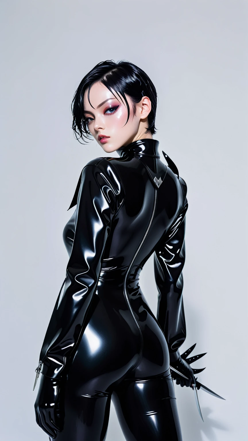 a close-up of a man in a wetsuit holding a knife, black latex suit, wearing atsuko kudo latex outfit, terno de shiny latex futurista, Inspired by Jeon Jungkook, south korean boy, wearing a black jumpsuit, using latex, shiny latex, black latex, terno de shiny latex cyberpunk, inspired by Herb Ritts, æon flux style mix