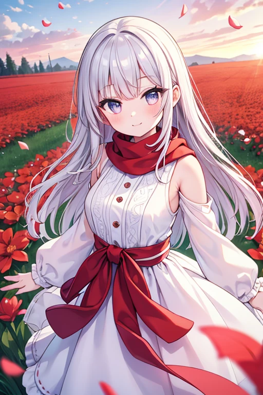 sight, panorama, perspective, Depth of field, Bustness, trunk, cinematic angle, work of art, best qualityer, ultra detaild, CG, 8 k wallpaper, beautiful face, Delicate Eyes, A country, standing alone, ssmile, silver hair, gold eyes, skin fair, hair strands, Red scarf, white night dress, Pink Field, red flowers, pinks, field of flowers, petals, Flying petals, smiling