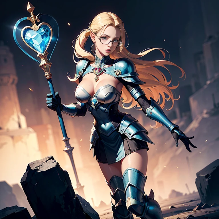 ((Quality: masterpiece, best quality, UHD, anatomically correct, photo realism, textured and detailed skin, skin pores, skin imperfections, textured and detailed hair, dramatic lighting, high contrasting light and shadows, complimentary colours, perfect hand, defined fingers, 5 fingers, 1 solo woman)), long blonde hair in pony tail, puzzled face, sweat, glowing blue eyes, full body shot, attractive smile, (heart shape), perfect slim body, wearing a chain tabard, blue armored skirt, metal armored boots, circular glasses, visible arms, gauntlets with ice on them, carrying a large magical staff, holding a map in one hand, confused looking at map.