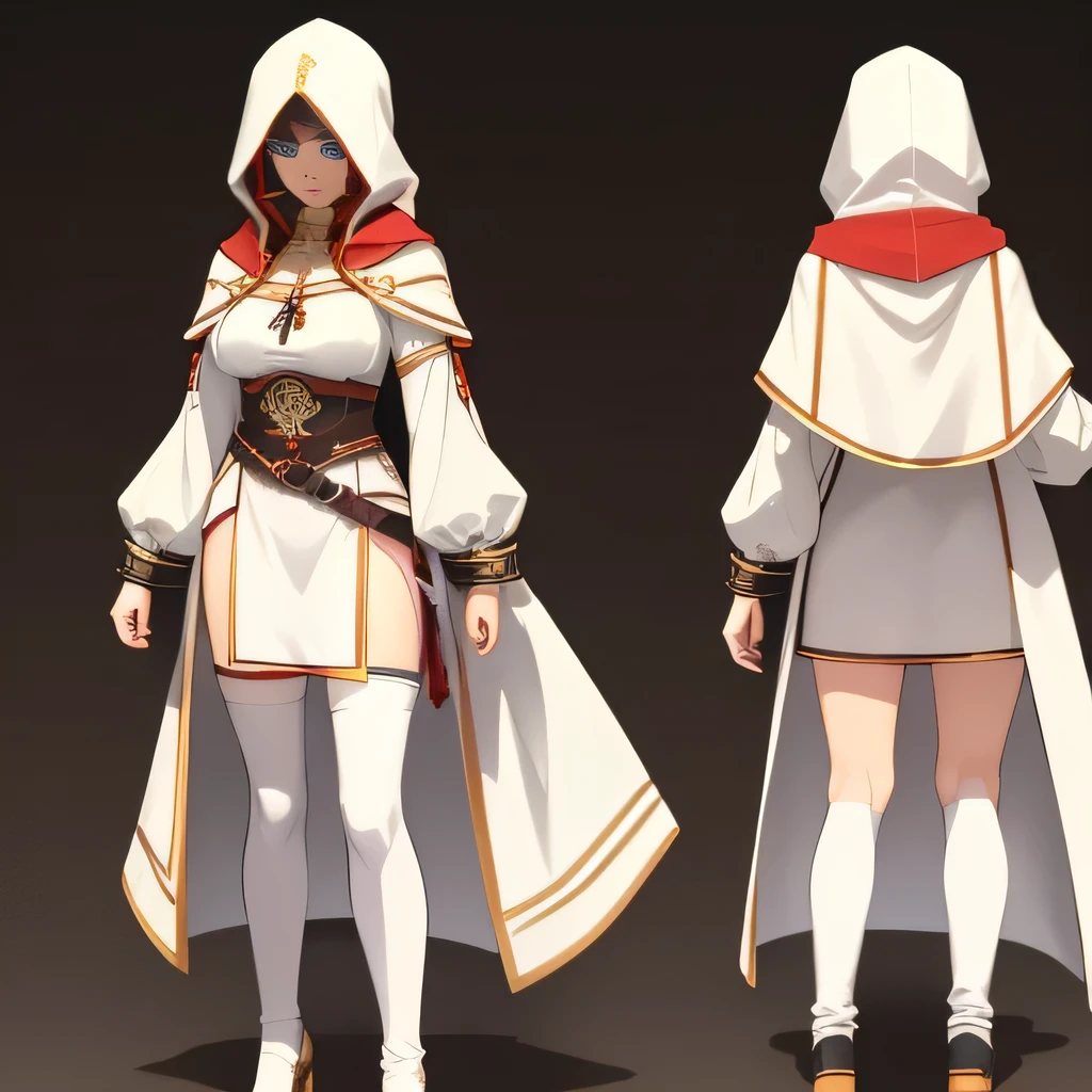 A full-body shot of Princess Zelda, brown hair, blue eyes, dressed as an Assassin from Assassins Creed, in white+gold witha white mask and hood with gold details, XL bust, using a wrist blade. Background: A city during the renaissance period. Unreal Engine 5, Anime, Anime style, Masterpiece, Well drawn eyes, well drawn face, well detailed eyes, well detailed face, 8k, light and shadow effect, I can see her lower breasts