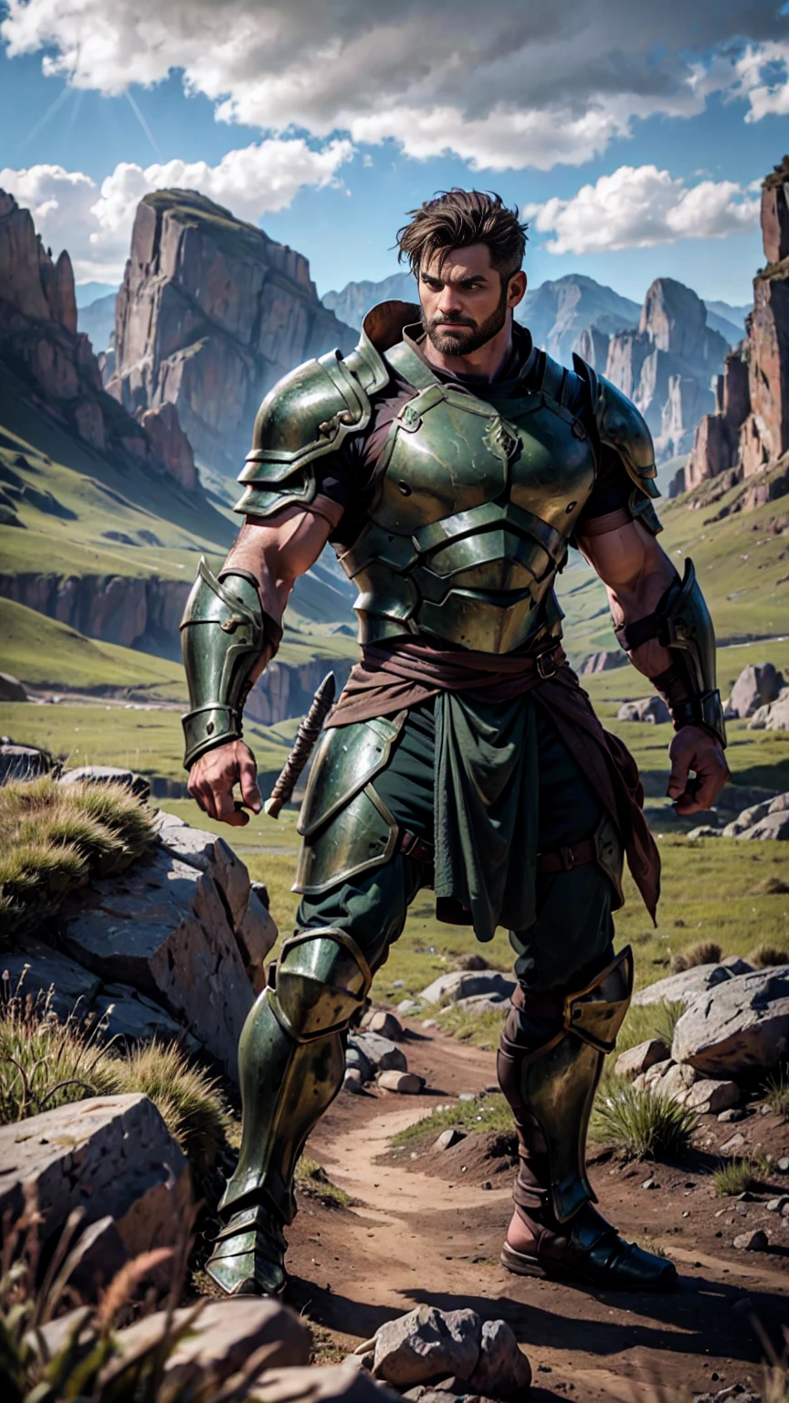 A robust, muscular warrior with entirely brown hair, dressed in rugged green and black armor that appears to be forged from natural elements like stone and metal. The armor is heavy and textured, with patterns resembling the rough surface of the earth. He stands powerfully in the middle of a vast, rugged field, surrounded by the raw, natural beauty of the terrain. His massive, clenched fists are the only weapons he needs, showcasing his formidable strength and his connection to the earth. The ground beneath him trembles and shifts, with rocks and soil being manipulated by his will, creating a dramatic and earthy spectacle. His stance is firm and commanding, with his eyes glowing with a deep, earthy intensity that highlights his mastery over earth magic. The background displays a rugged field, partially disrupted by the warrior’s earth manipulation. The image is rendered in a photorealistic, hyper-realistic 8k style, with studio lighting, featuring rich, natural colors, detailed textures of the soil, and dramatic lighting that accentuates the warrior's raw power and connection to the earth.