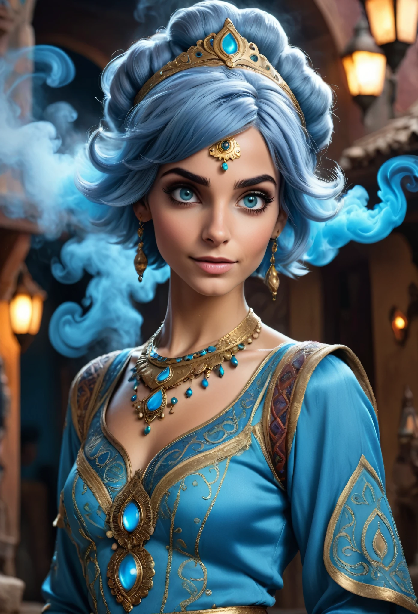 realistic, analog photo, Masterpiece, RAW photo, middle shot, photorealistic, (detailed cute face), genie, (folkloric Arabic creature), (in "Aladdin" style), (cute female, looks like Rachel Cook), short blue hair, blue skin, detailed Arabic village on background, (ghost blue smoke body), smoke particles, halo, (bioluminescent:0.95), vivid colors, vibrant color details, dynamic, Intensed eyes, sexy, pleasure, smoke splash, wishmaster, depth of field, 35mm, film grain, raw photo, isometric, extremely detailed