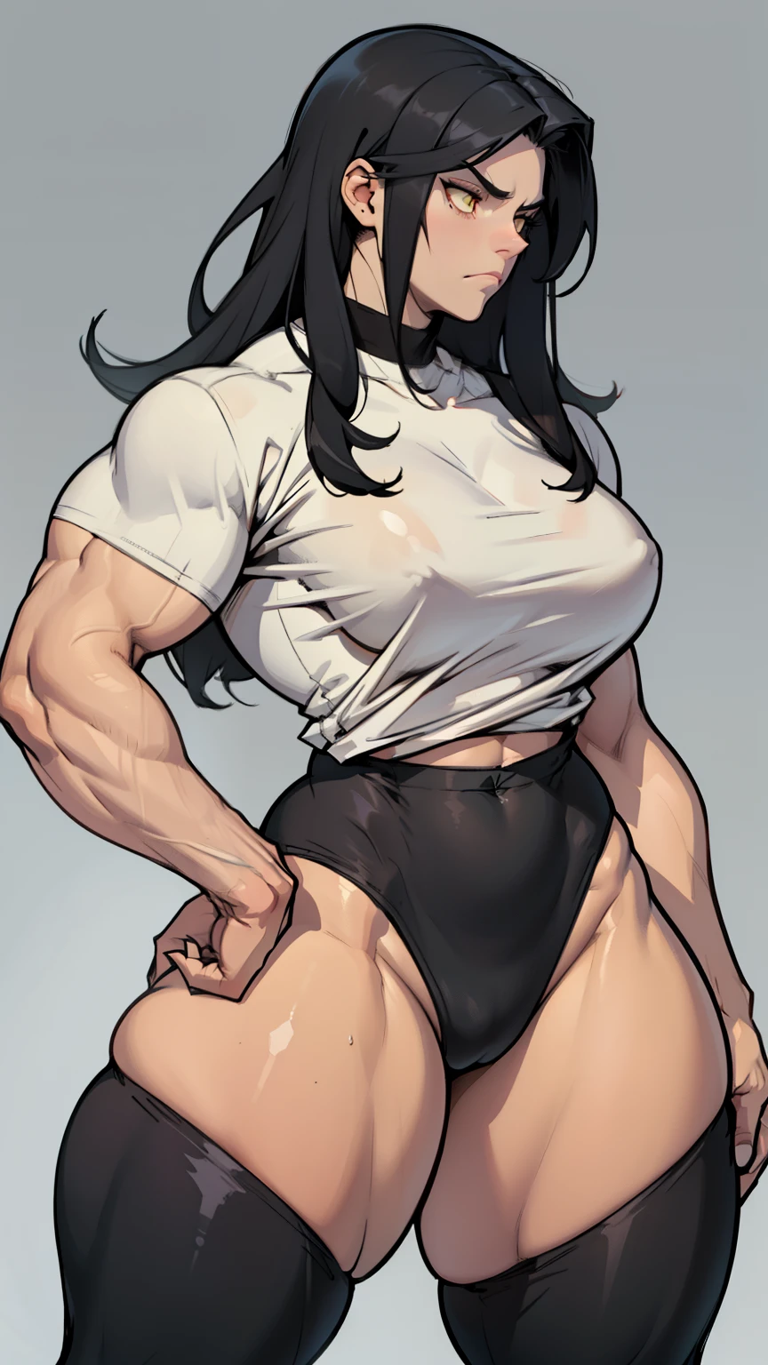 massive breasts huge muscles muscular girl toned body bodybuilder grey background leggings tight shirt black hair yellow eyes pale skin long hair wide hips curvy thick thighs thick thick thick thick tight sad frown expressionless