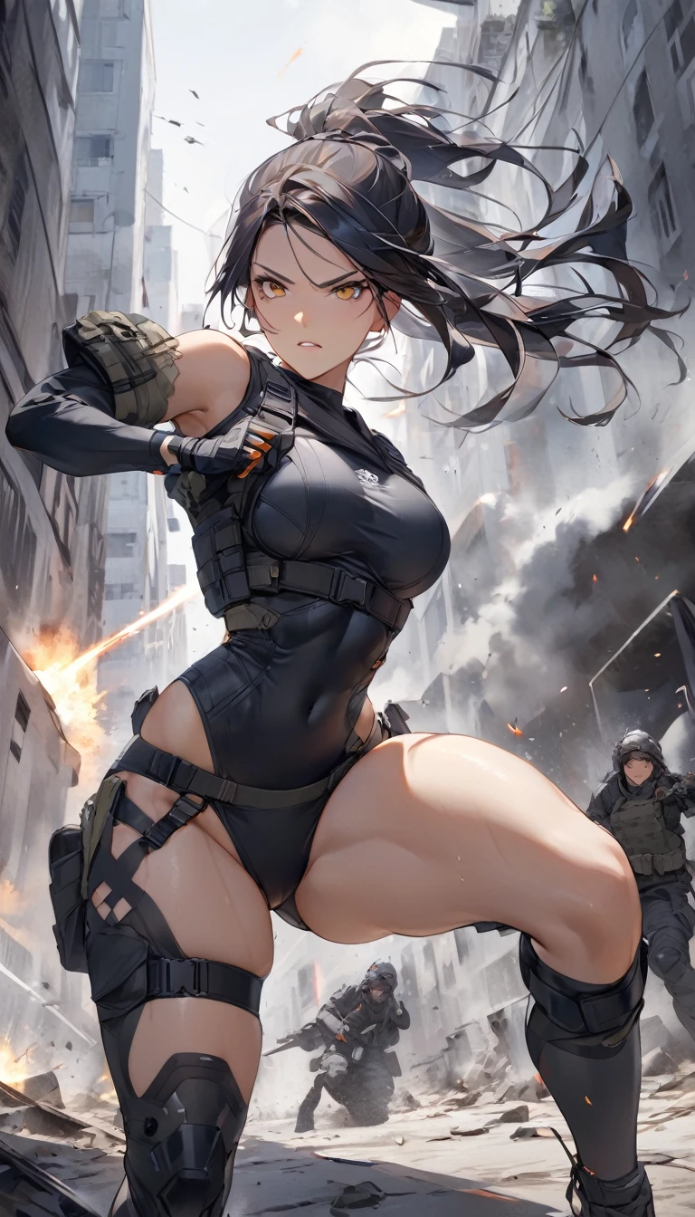 attractive tactical girl wearing skimpy tactical gear. She should have a confident and fierce expression, with her outfit highlighting her agility and strength. The background should depict an urban or battlefield setting, adding a sense of intensity and action. Emphasize her readiness and combat skills while maintaining an alluring appearance. Tactical, Female Warrior, Urban Combat, Action, Skimpy Outfits, Intensity, Battlefield.