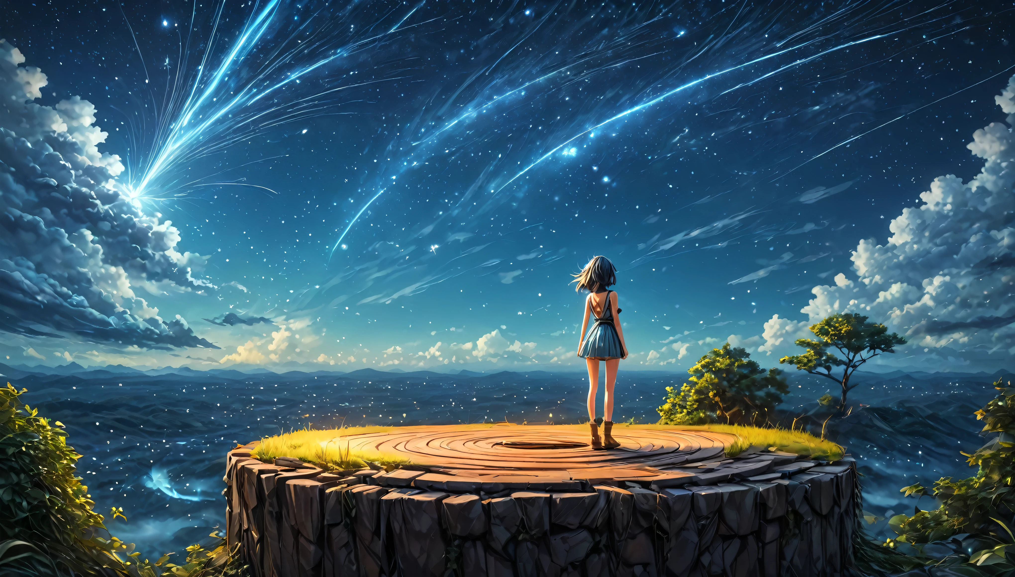 Anime girl stands on the roof and looks at the night sky with stars., anime wallpaper 4k, anime wallpaper 4 k, 4k anime wallpaper, Anime art wallpaper 8k, Anime art wallpaper 4k, Anime art wallpaper 4k, anime style 4k, Makoto Shinkai Cyril Rolando, manga wallpaper 4k, anime wallpaper, wonderful wallpaper, shooting stars