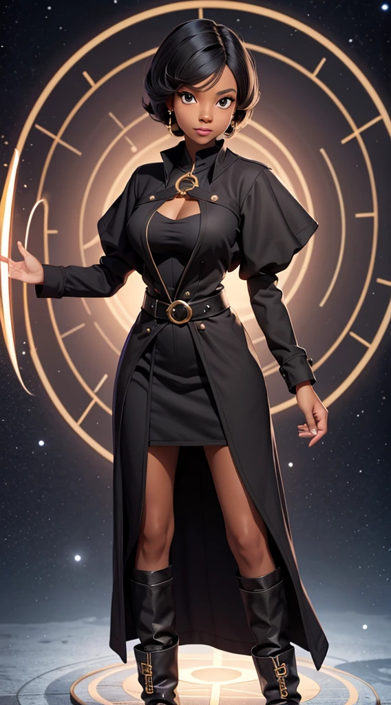 black female, time traveler, 1820 outfit, time portal in background